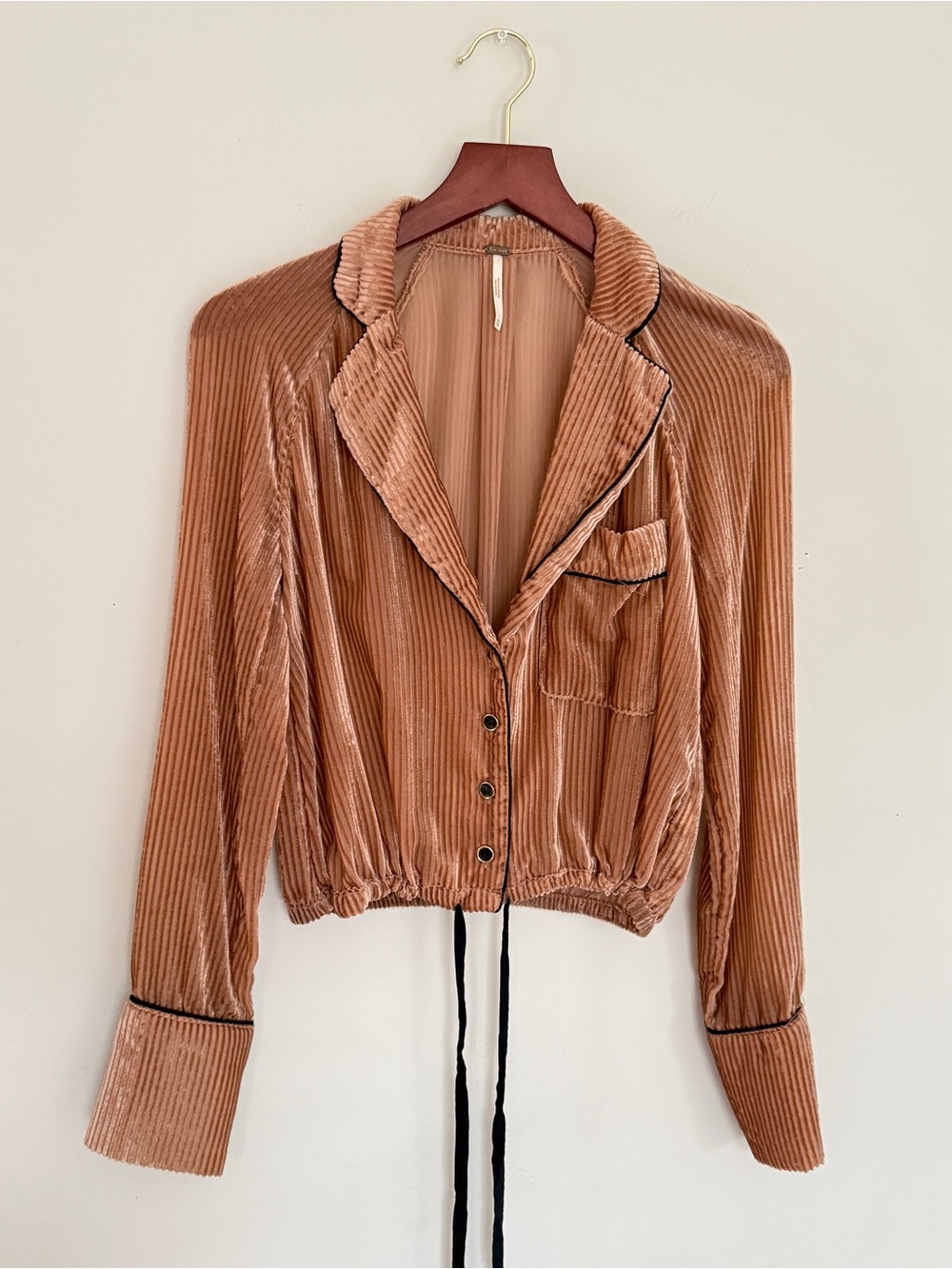 Free People Cropped Velvet Cord Button-Front Blouse in Dusty Rose